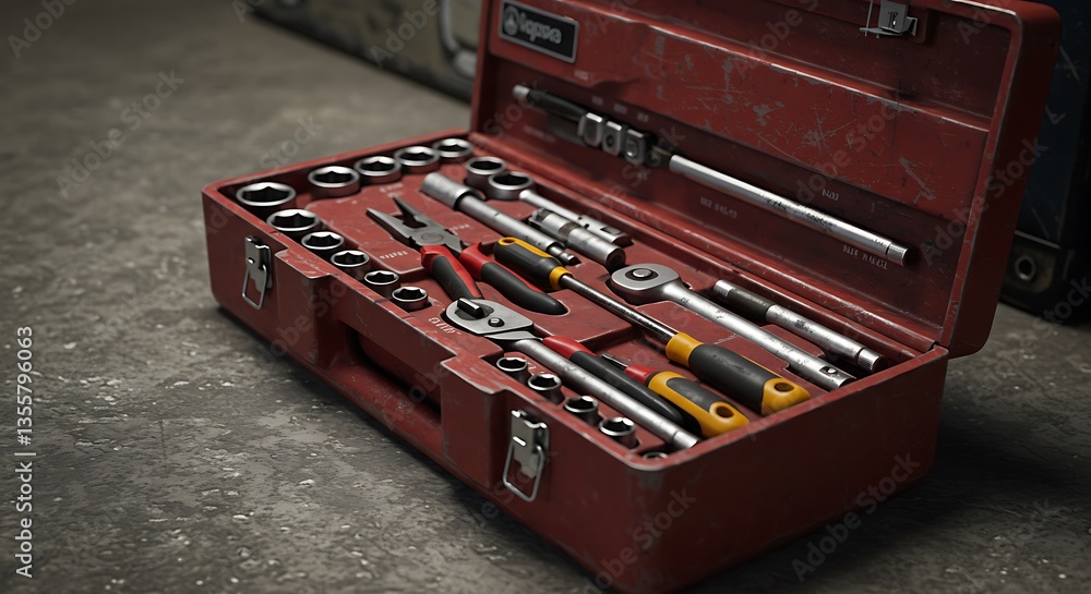 Rustic Red Tool Kit: A Detailed Arrangement of Wrenches and Sockets Rustic Red Tool Kit: A Detailed Arrangement of Wrenches and Sockets