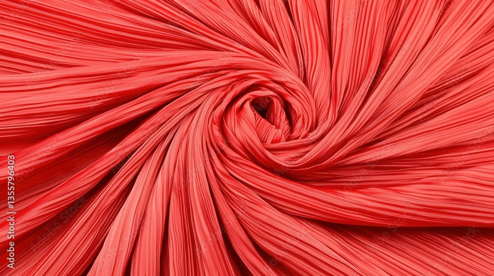 vibrant red pleated silk fabric swirled into circular pattern, showcasing its smooth texture and elegant folds vibrant red pleated silk fabric swirled into circular pattern, showcasing its smooth texture and elegant folds