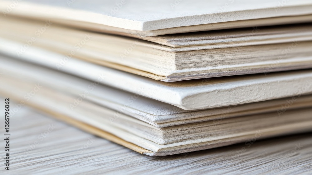 Close-up of stacked blank paper sheets on wooden surface Close-up of stacked blank paper sheets on wooden surface