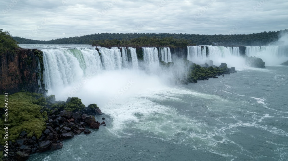 Fototapeta premium Majestic Iguazu Falls Adventure Brazil-Argentina Border Nature Photography Lush Environment Aerial View Natural Wonder