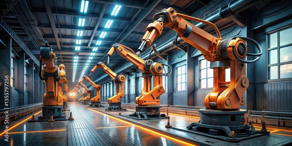 Automated industrial robotic arms in a modern factory setting, showcasing advanced manufacturing technology and efficient production line