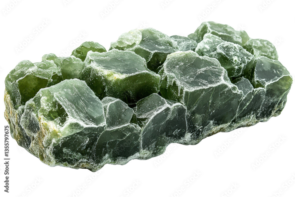 Obraz premium A piece of jade rock with rough texture and deep green hues, isolated on a white background.