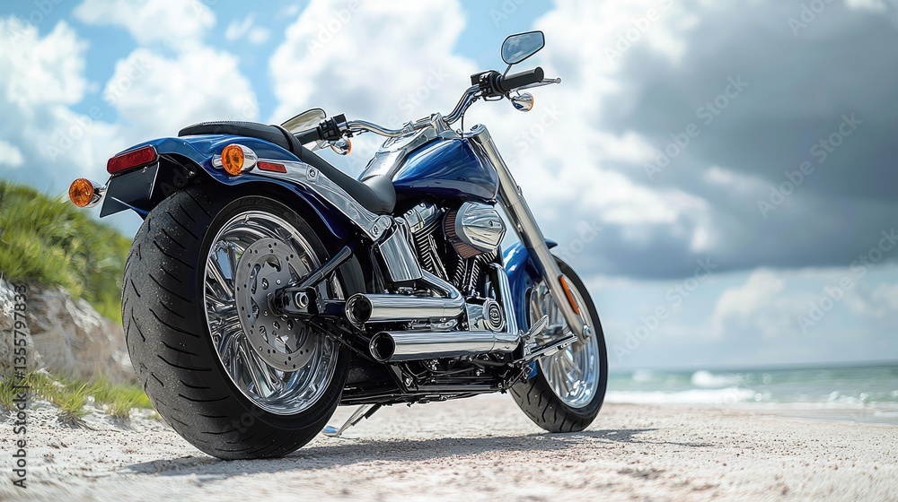Fototapeta premium Blue Harley Davidson Cruiser on the Beach: A Perfect Summer Ride