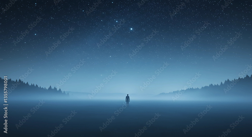 Obraz premium Silhouette standing under a starry night sky and fog