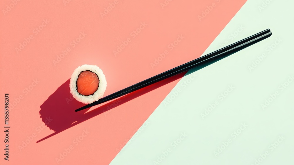 Single piece of sushi and chopsticks on a pink and mint background. Single piece of sushi and chopsticks on a pink and mint background.
