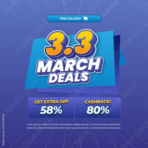 3.3 March Sale discount deals blend soft blue gradient Editable text effect with simple grid style Pop up Cashback promo code Promotional banner flyer Template 