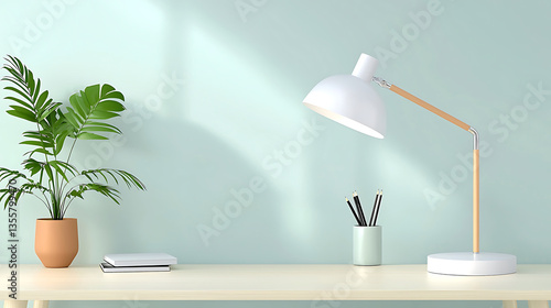 Wallpaper Mural stylish desk setup featuring modern lamp, potted plant, and stationery on light colored table against soft green wall Torontodigital.ca