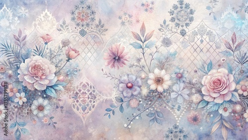 Serene Watercolor Floral Tapestry with Delicate Latticework and Pastel Hues