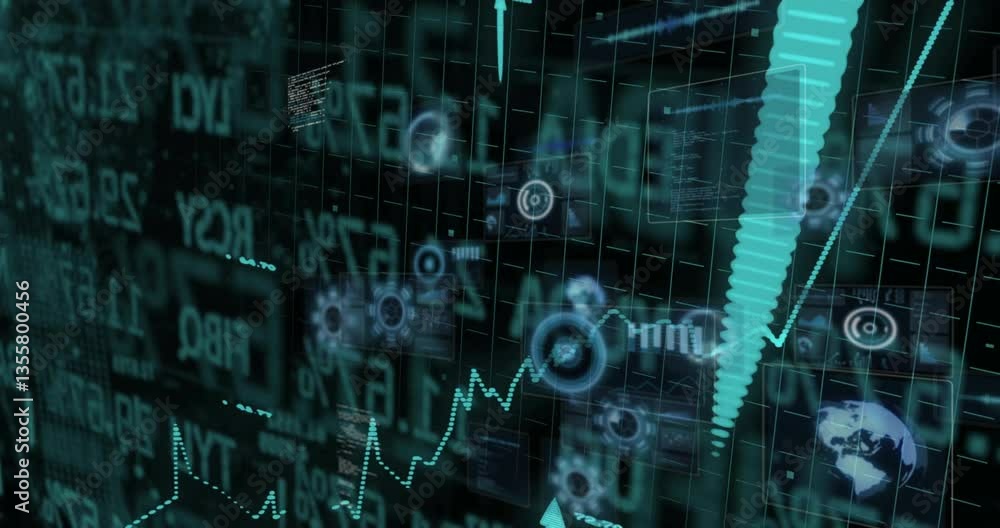 Digital financial data and graphs processing animation over grid background Digital financial data and graphs processing animation over grid background