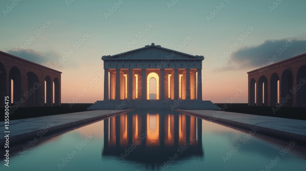 Obraz premium Serene Sunset Reflection at Classical Architecture Tranquil Waters Scenic Landscape Aesthetic Viewpoint