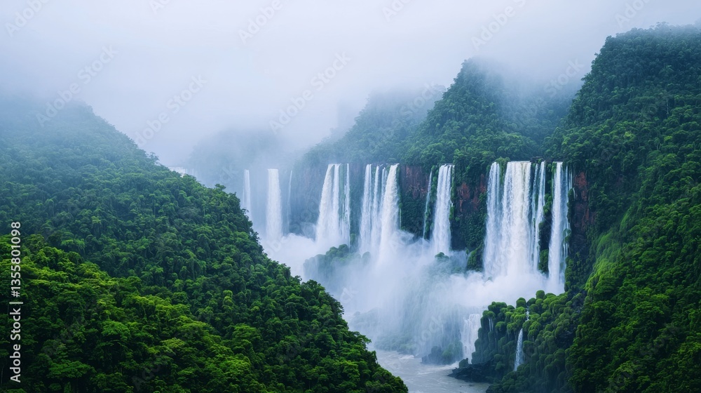 Fototapeta premium Majestic Waterfalls Cascading Through Lush Green Mountains Nature Landscape Serene Environment Wide-Angle View Tranquility