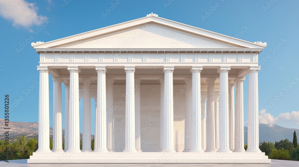 Obraz premium Explore Majestic Ancient Greek Temple Arc in 3D Render Vibrant Landscape Front View Architectural Grandeur