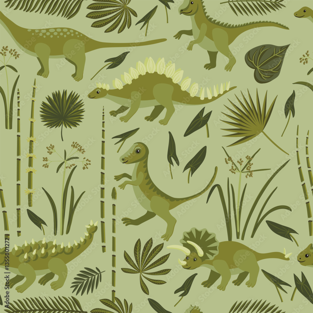 Obraz premium vector drawing seamless pattern with green dinosaurs, plants and leaves, cartoon background, hand drawn illustration