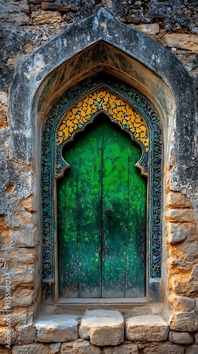 Wallpaper Mural Ornate Green Door with Stone Wall. Torontodigital.ca