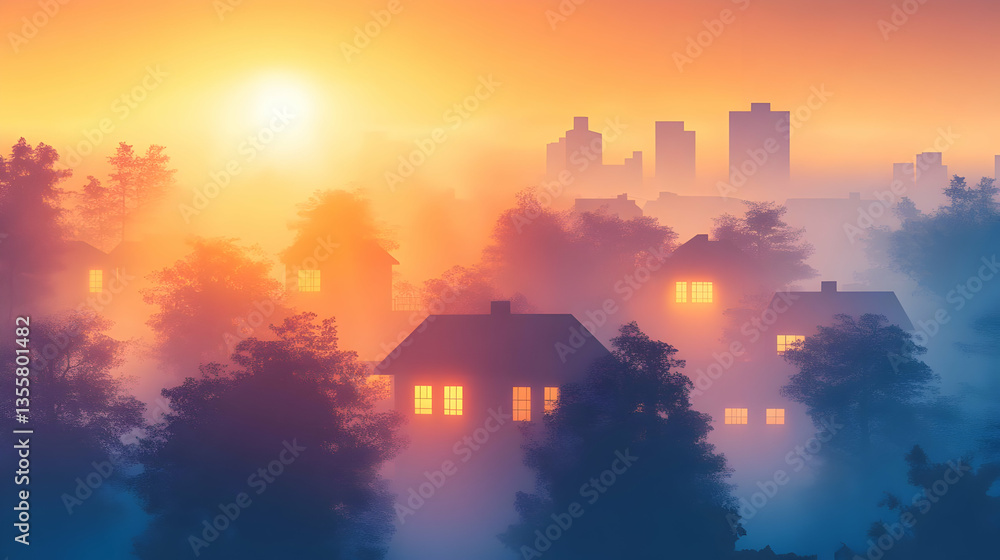 Fototapeta premium Misty Sunrise Over Cityscape With Houses
