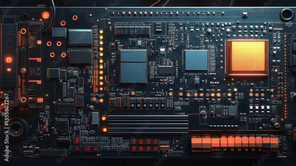 Close-up of a computer board featuring chips and components showcasing advanced tech design Close-up of a computer board featuring chips and components showcasing advanced tech design