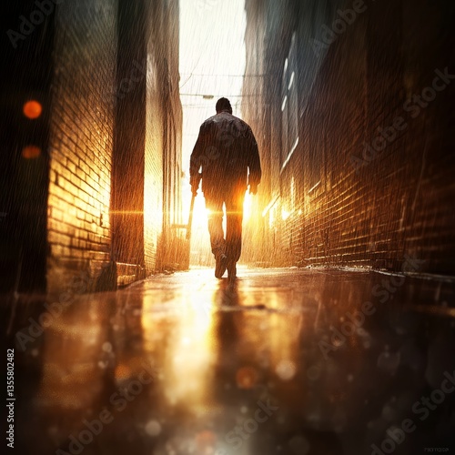 Silhouette of a Person Walking in a Rainy Alley at Sunset