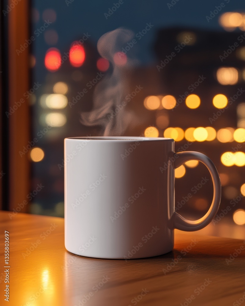 Obraz premium Warm Mug of Coffee Night City Lights Background Cozy Evening Atmosphere
