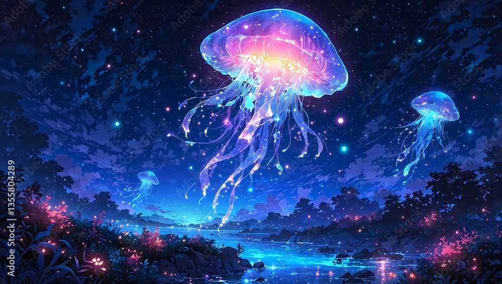 Naklejka premium Enchanted Lagoon: Jellyfish Bloom in a Bioluminescent Dreamscape at Night