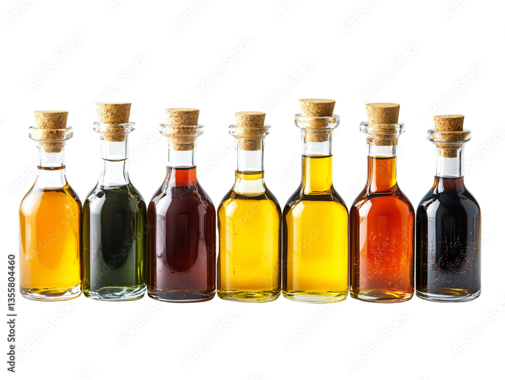 Assortment of Cooking Oils and Vinegars in Glass Bottles with Corks Assortment of Cooking Oils and Vinegars in Glass Bottles with Corks