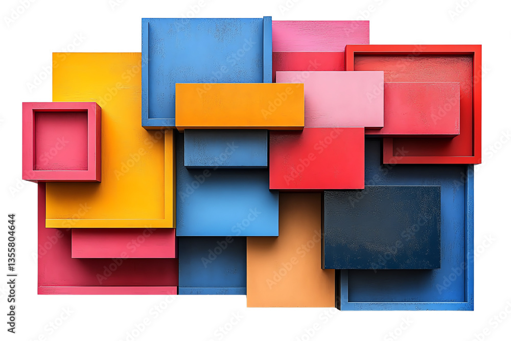 Fototapeta premium Colorful geometric shapes in various sizes, creatively arranged on a white isolated background.