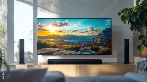 Modern smart tv connected with sound bar. Home entertainment system. Tech, visual, audio entertainment. Stylish interior design. Living room setup. High-quality image, beautiful 8k Resolution