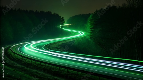 Green Light Trails on Road, Night Road Photography, Long Exposure Road Lights, Dark Forest Road Scene, Motion Blur Road Image, Glowing Road in Forest, Abstract Road Lights Art
