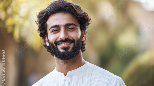 Portrait of an attractive Middle Eastern man with wavy hair and a beard