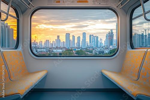 A subway interior framed by windows viewing a cityscape skyline