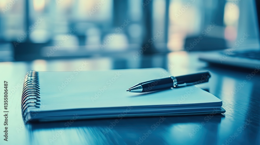 Notepad with pen on table in professional office setting, blue toned business concept with copy space for corporate meeting preparation and planning, 32k Resolution Notepad with pen on table in professional office setting, blue toned business concept with copy space for corporate meeting preparation and planning, 32k Resolution