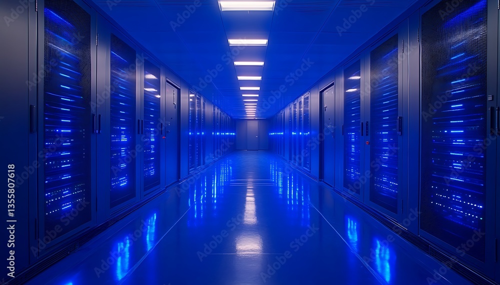 A long corridor showing servers with blue ambient lighting effects A long corridor showing servers with blue ambient lighting effects