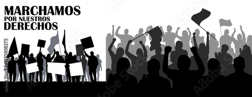 Silueta en negro de personas en protesta para luchar por sus derechos