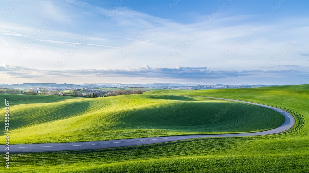 Obraz premium Scenic Country Road Winding Through Rolling Green Hills Landscape