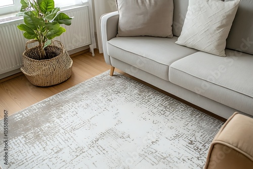 Beige rug in living room with light couch