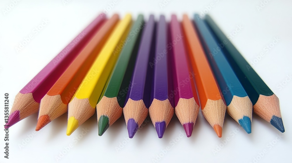 Ten colored pencils arranged in a row, showcasing a vibrant spectrum of hues. Ten colored pencils arranged in a row, showcasing a vibrant spectrum of hues.