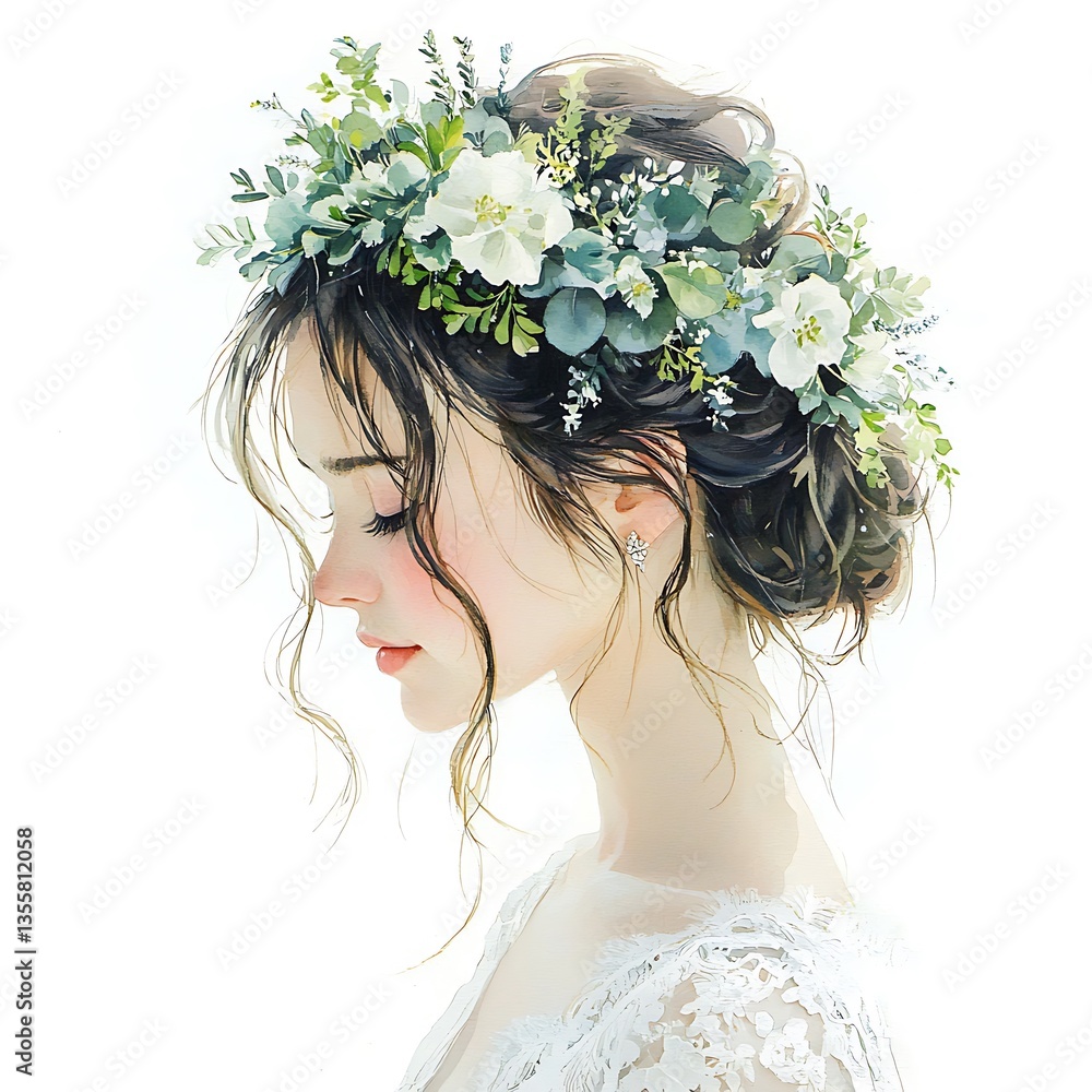 Naklejka premium Serene Bride with Floral Crown Watercolor Painting of Elegant Woman.