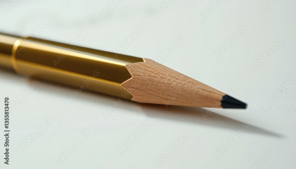Obraz premium Gold Pencil Closeup on White Paper Sharp Tip for Writing or Drawing