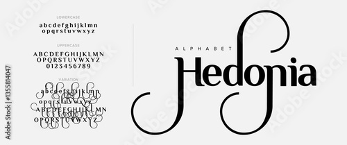 Hedonia Elegant Font Uppercase Lowercase And Number. Classic Lettering Minimal Fashion Designs. Typography modern serif fonts regular decorative vintage concept. vector illustration