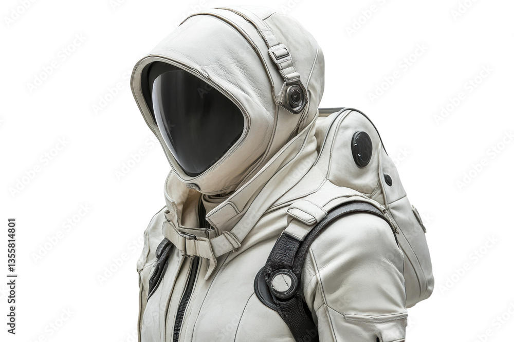 Futuristic figure clad in a sleek, white spacesuit with a visor, standing against a blank background. Futuristic figure clad in a sleek, white spacesuit with a visor, standing against a blank background.