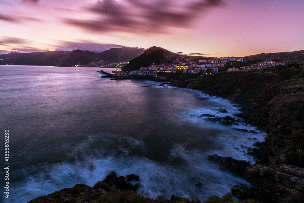 Beautiful sunrise colors in the coastal area of the Madeira island wilderness