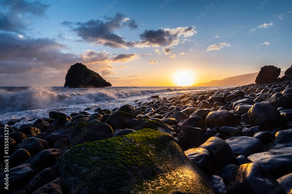 Beautiful sunrise colors in the coastal area of the Madeira island wilderness