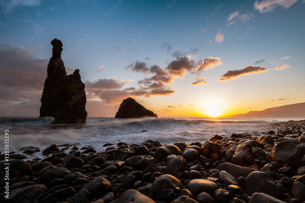 Beautiful sunrise colors in the coastal area of the Madeira island wilderness