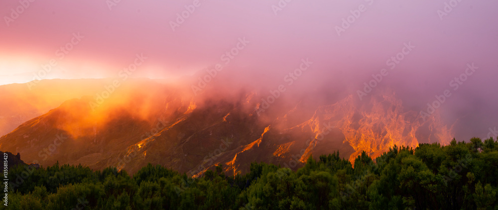 Beautiful sunrise colors in the coastal area of the Madeira island wilderness