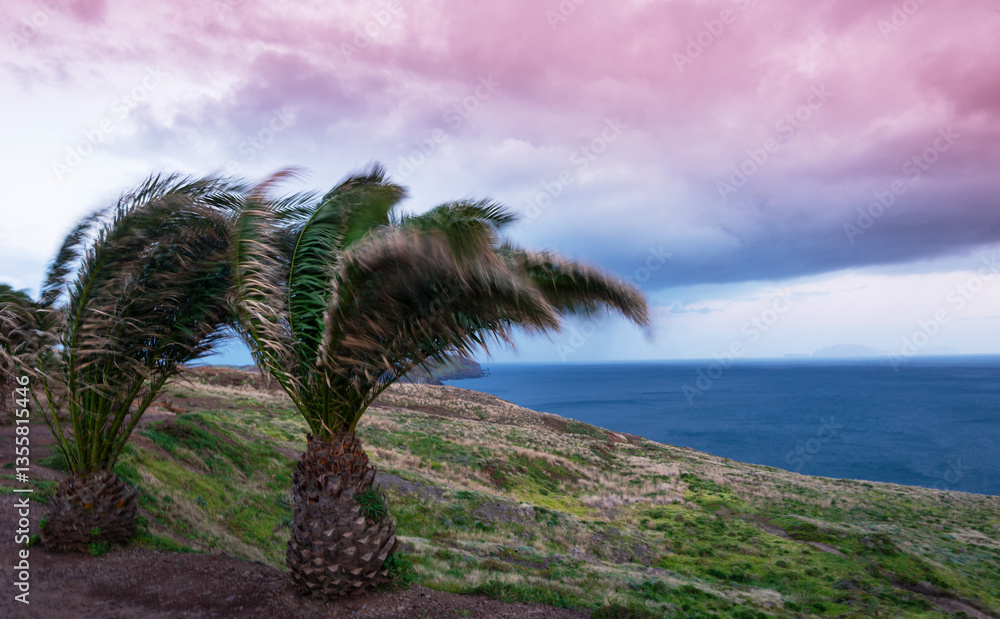 Beautiful sunrise colors in the coastal area of the Madeira island wilderness