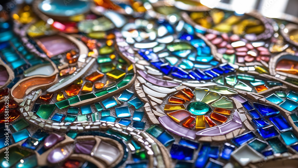 Fototapeta premium Vibrant Mosaic Artwork with Colorful Glass and Ceramic Tiles in Abstract Patterns