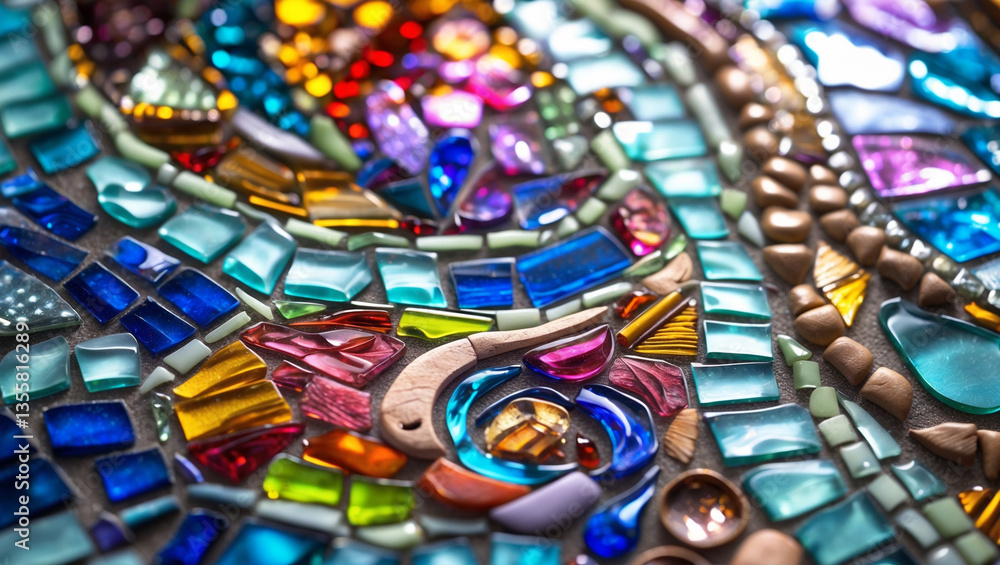 Fototapeta premium Vibrant Mosaic Artwork with Colorful Glass and Ceramic Tiles in Abstract Patterns