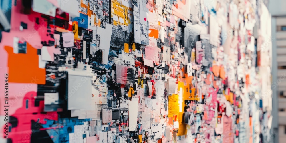 Wall covered in layers of colorful and peeling advertisements Wall covered in layers of colorful and peeling advertisements
