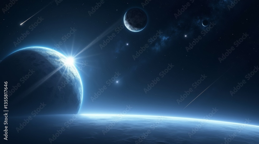 A breathtaking view of distant planets and stars in a cosmic scene, perfect for science, space, and technology themes. Ideal for digital art, websites, and backgrounds.