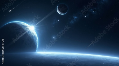 Obraz na płótnie A breathtaking view of distant planets and stars in a cosmic scene, perfect for science, space, and technology themes. Ideal for digital art, websites, and backgrounds. w salonie