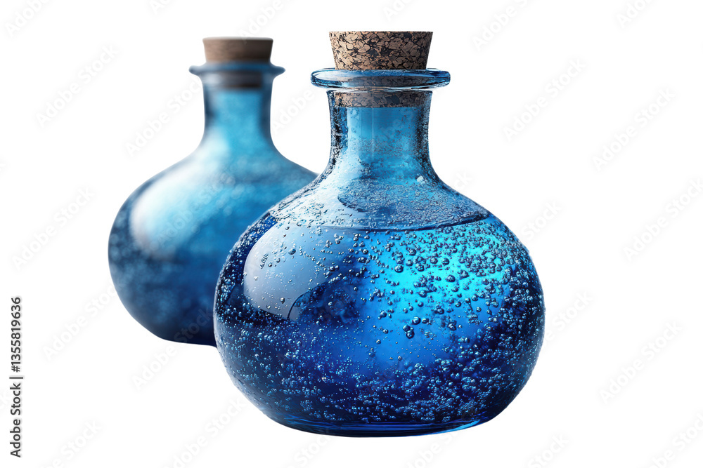 Two elegant glass bottles filled with vibrant blue liquid, featuring bubbles and natural cork stoppers, isolated on a white background. Two elegant glass bottles filled with vibrant blue liquid, featuring bubbles and natural cork stoppers, isolated on a white background.
